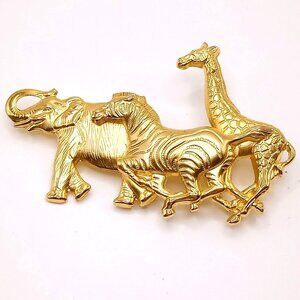 Premier Designs Brooch Safari Animals Elephant Zebra Giraffe Gold Tone VTG Pin